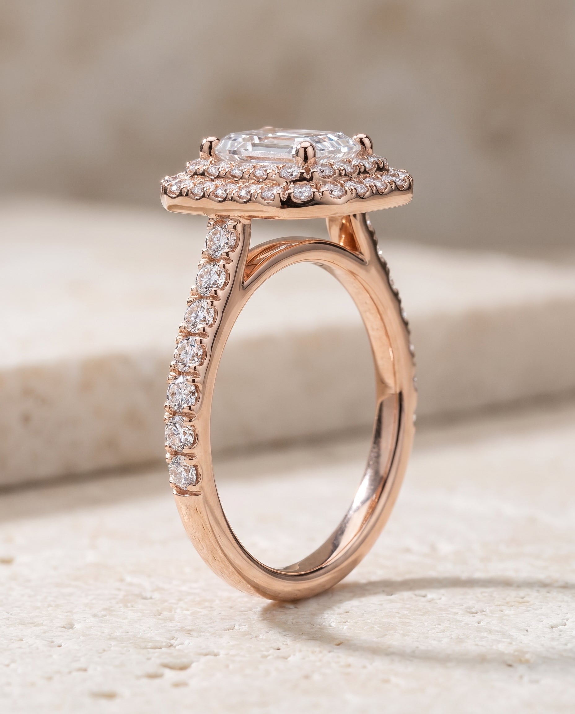 The Whitney Double Halo Radiant Cut Engagement Ring Setting in 14K Rose Gold
