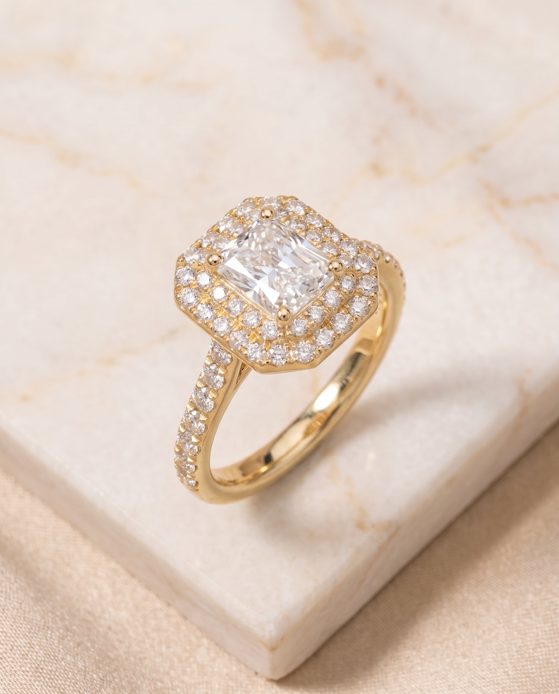 Double Halo Cut styling on The Whitney radiant engagement ring setting | RockHer