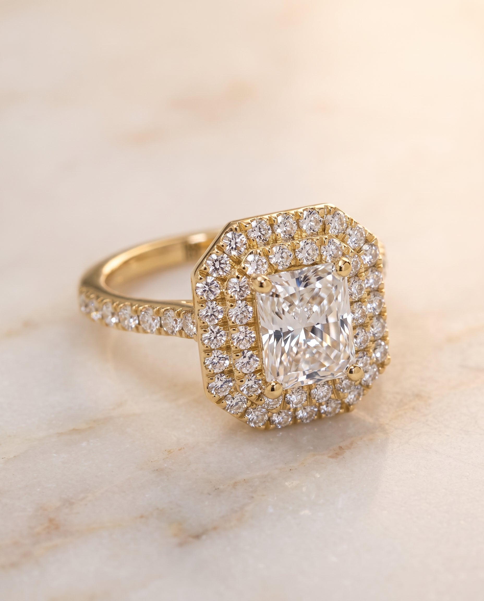 The Whitney Double Halo Radiant Cut Engagement Ring Setting in 18K Yellow Gold