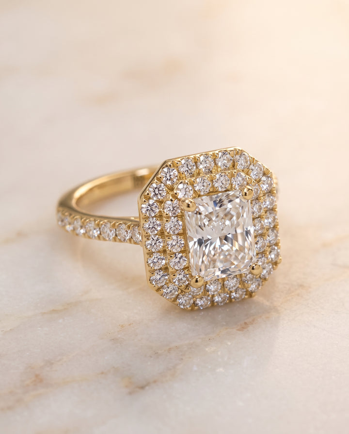 The Whitney Double Halo Radiant Cut Engagement Ring Setting in 18K Yellow Gold