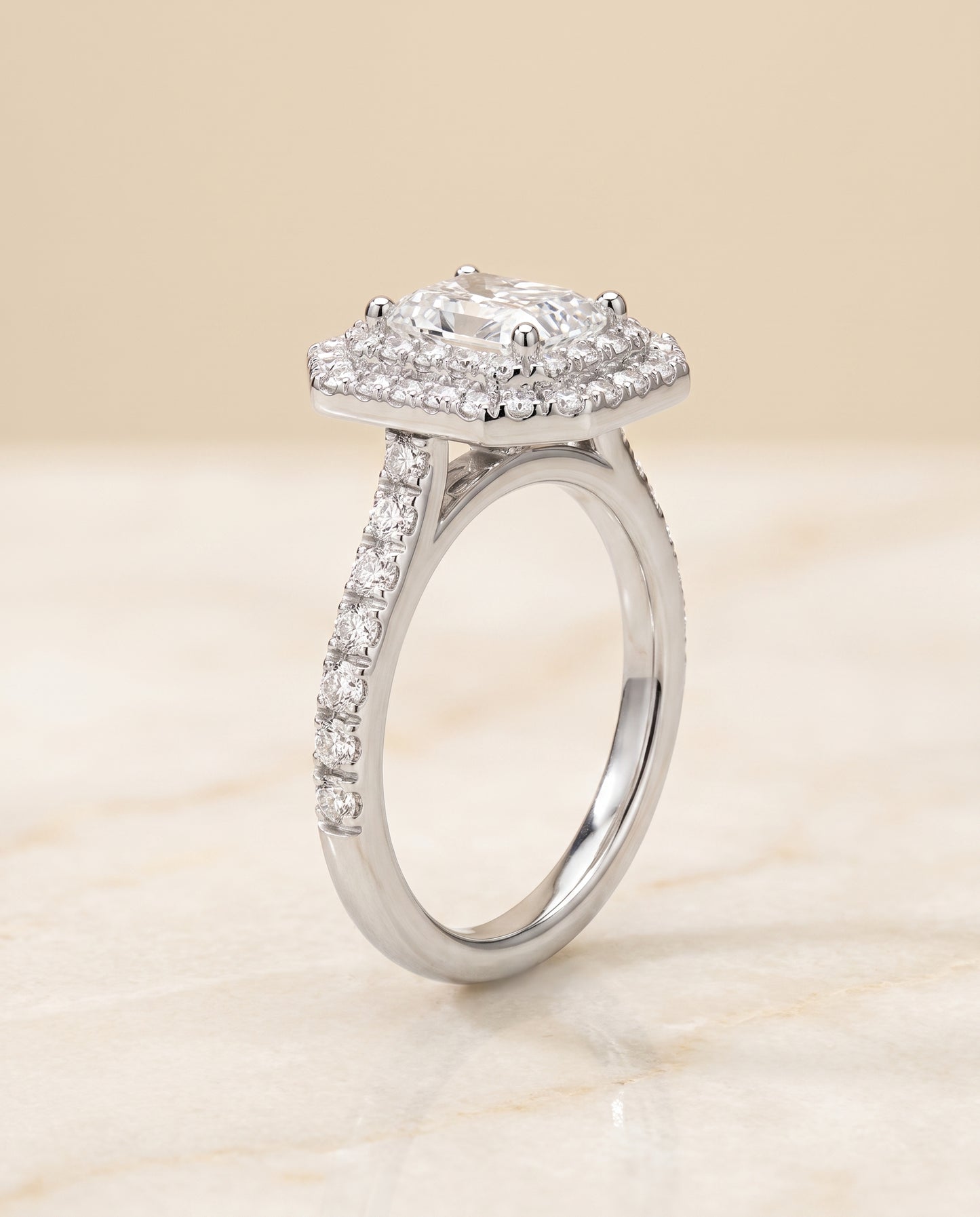 The Whitney Double Halo Radiant Cut Engagement Ring Setting in Platinum