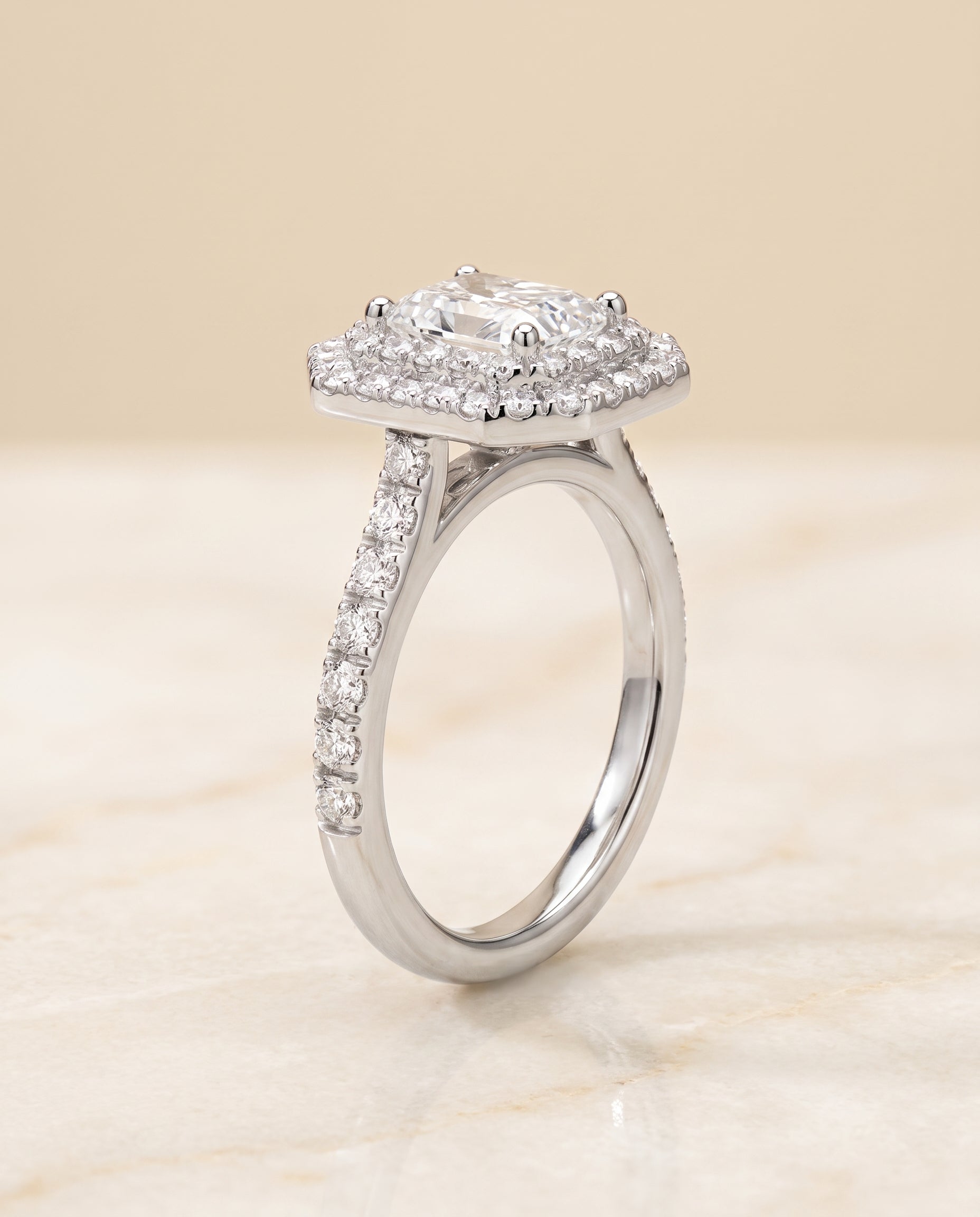 Double Halo Cut styling on The Whitney radiant engagement ring setting | RockHer