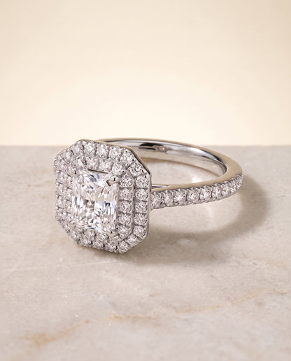 The Whitney Double Halo Radiant Cut Engagement Ring Setting in Platinum