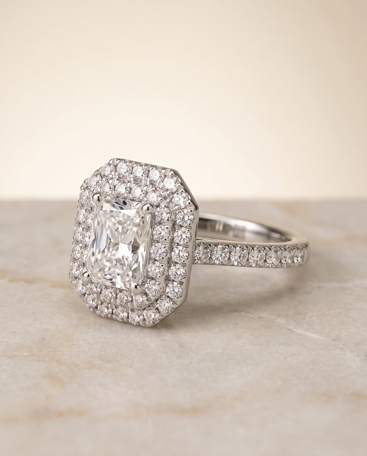The Whitney Double Halo Radiant Cut Engagement Ring Setting in Platinum