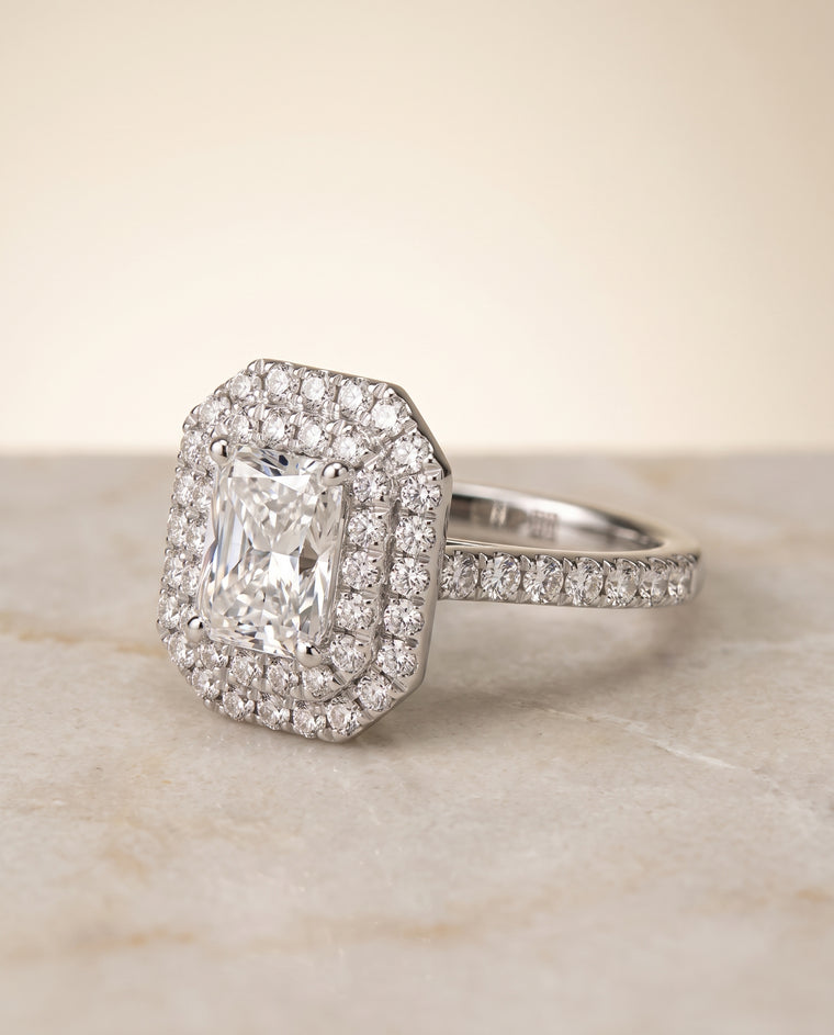 The Whitney Double Halo Radiant Cut Engagement Ring Setting in Platinum