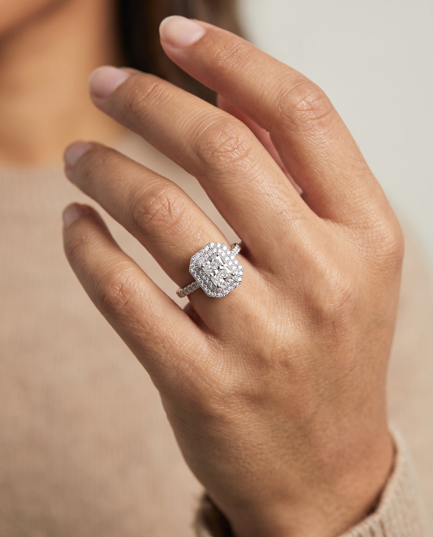 The Whitney Double Halo Radiant Cut Engagement Ring Setting in Platinum
