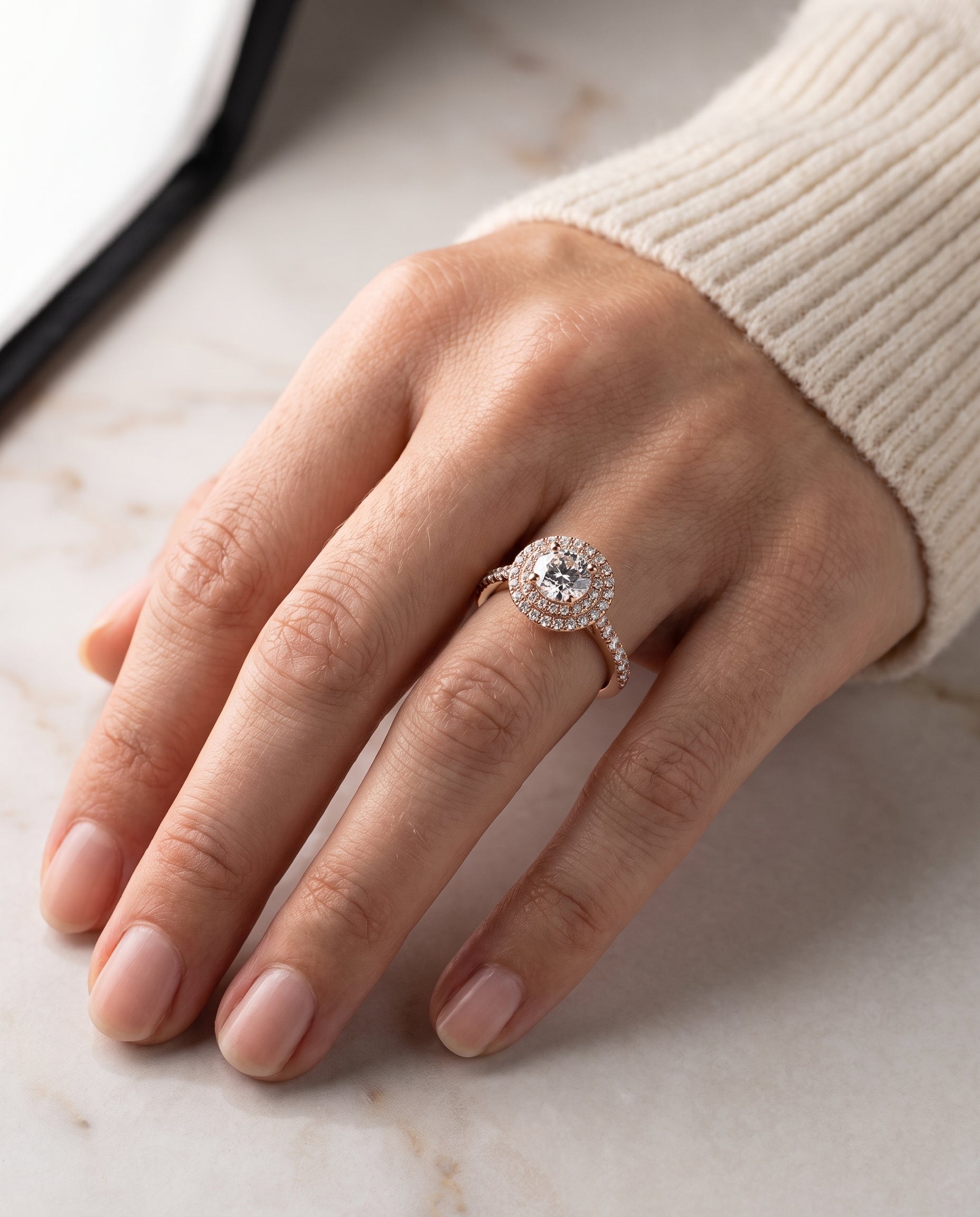 The Whitney engagement ring setting in 14K Rose Gold, double halo design | RockHer
