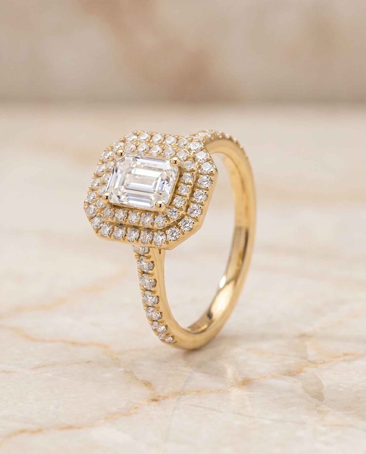 The Whitney Double Halo Emerald Cut Engagement Ring Setting in 18K Yellow Gold