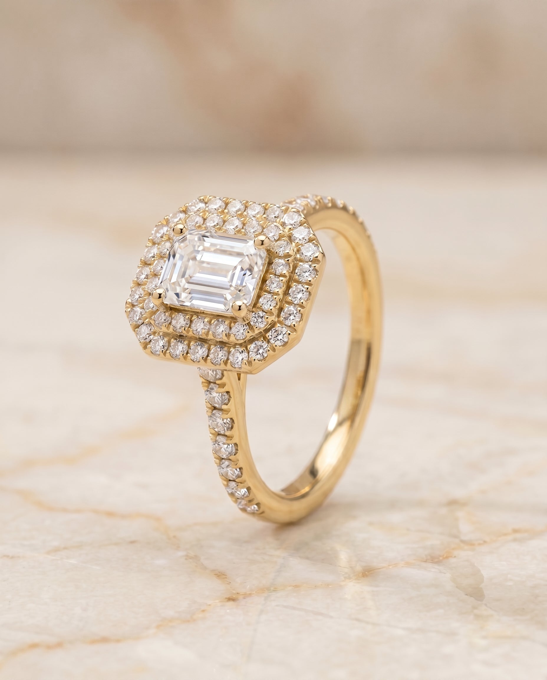 Double Halo Cut styling on The Whitney emerald engagement ring setting | RockHer
