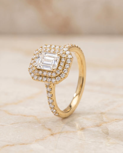 The Whitney Double Halo Emerald Cut Engagement Ring Setting in 18K Yellow Gold