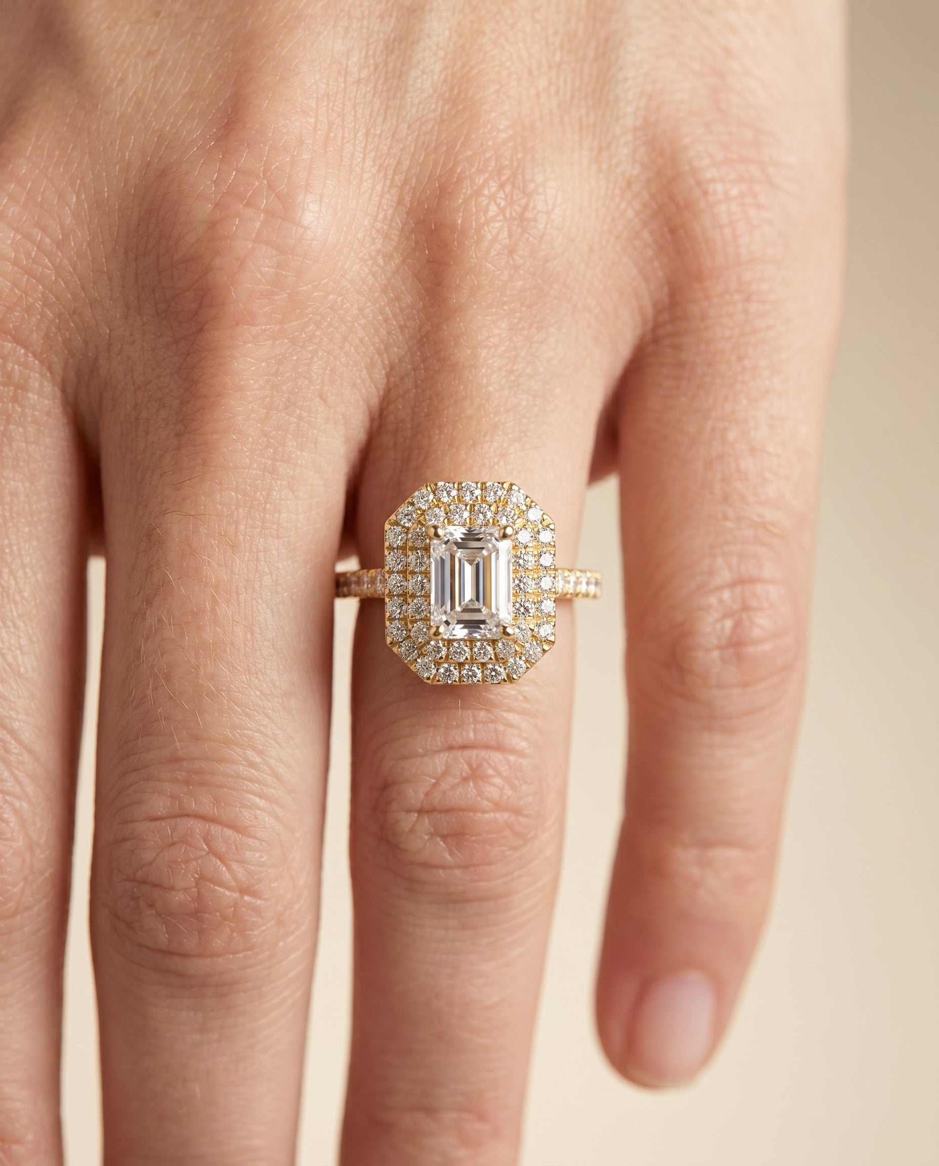 The Whitney engagement ring setting in 18K Yellow Gold, double halo cut design | RockHer