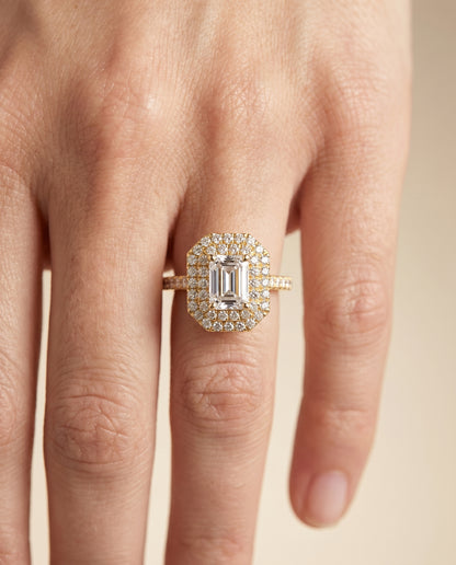 The Whitney Double Halo Emerald Cut Engagement Ring Setting in 18K Yellow Gold