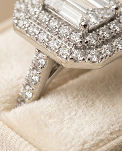 The Whitney Double Halo Emerald Cut Engagement Ring Setting in Platinum