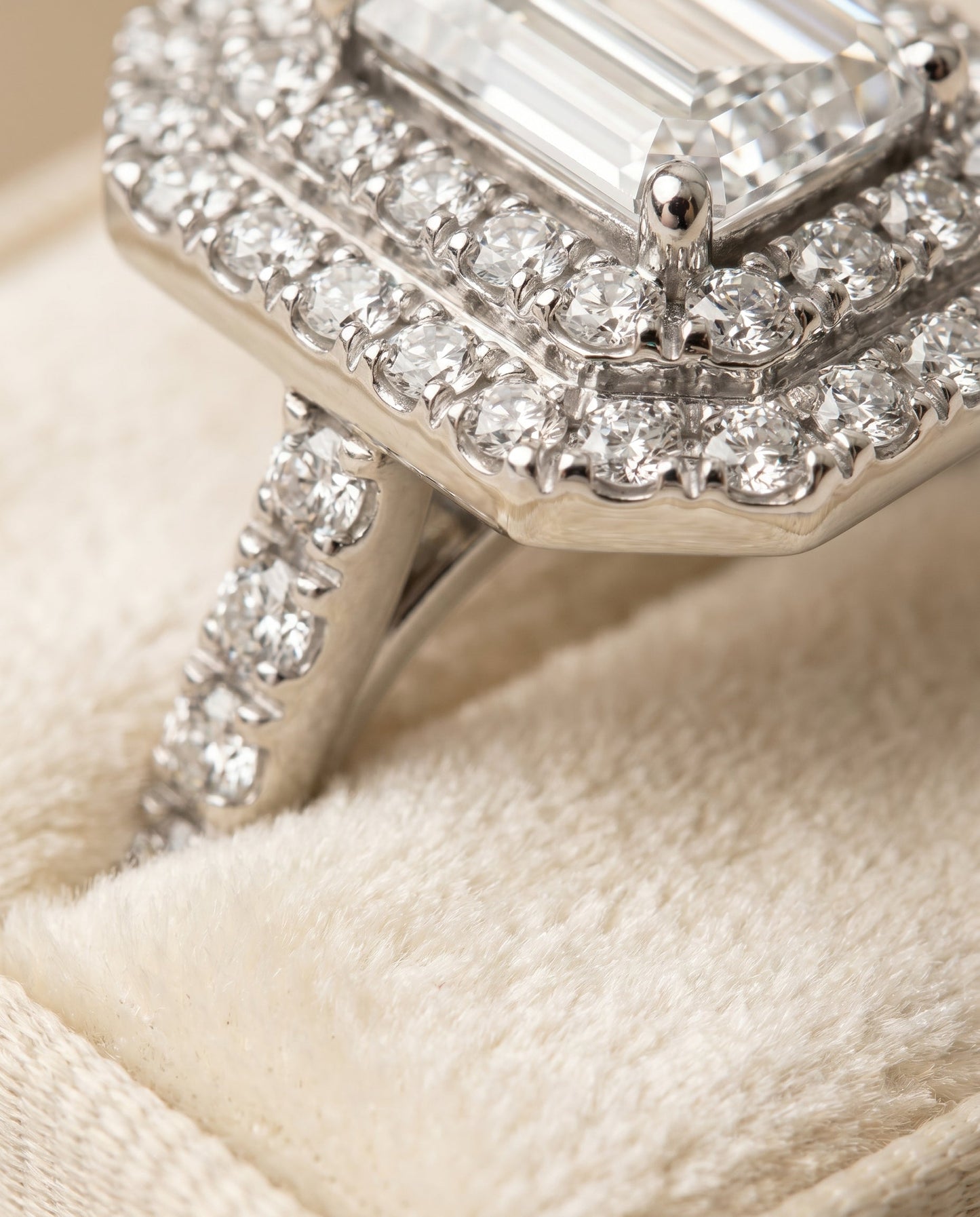 Whitney Select Double Halo Emerald Cut Lab Diamond Engagement Ring in 18K White Gold, detail view | RockHer