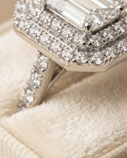 Whitney Select Double Halo Emerald Cut Lab Diamond Engagement Ring in 18K White Gold, detail view | RockHer