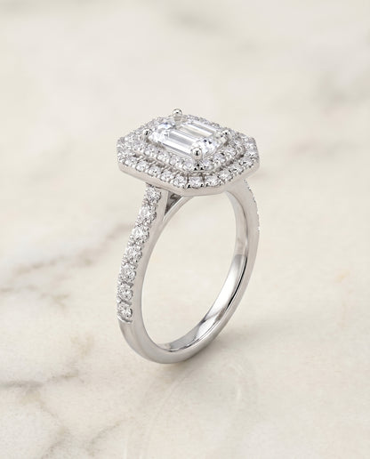 The Whitney Double Halo Emerald Cut Engagement Ring Setting in Platinum
