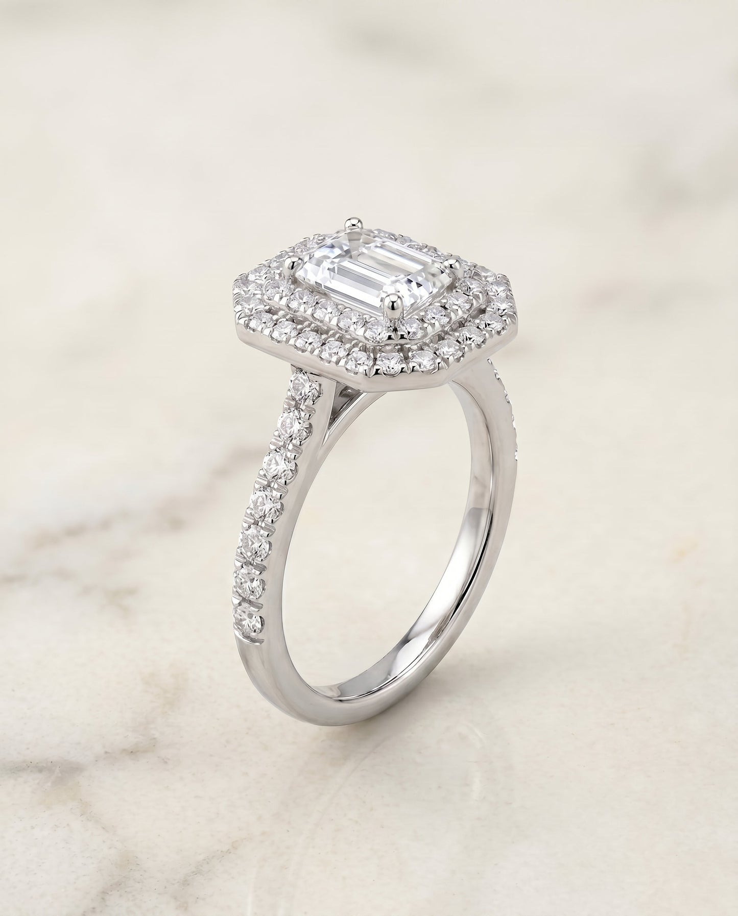 Whitney Select Double Halo Emerald Cut Lab Diamond Engagement Ring in Platinum, front view | RockHer