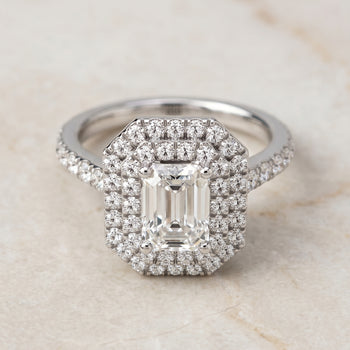 The Whitney Double Halo Emerald Cut Engagement Ring Setting in 18K White Gold