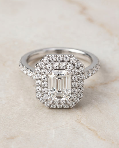 The Whitney Double Halo Emerald Cut Engagement Ring Setting in Platinum