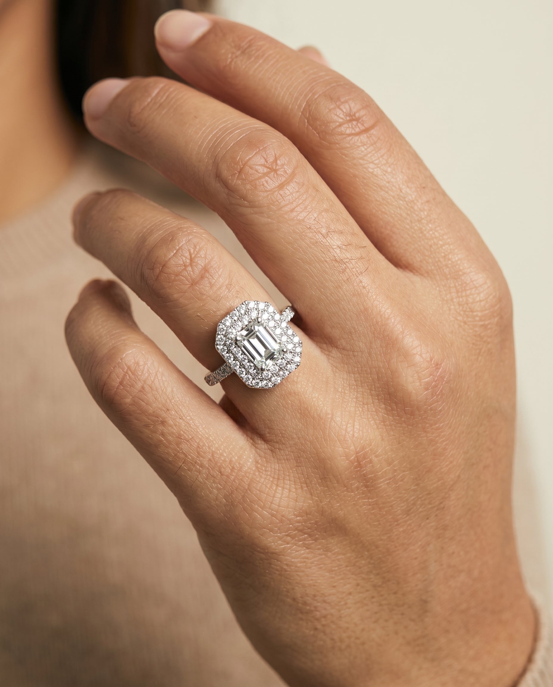The Whitney engagement ring setting in Platinum, double halo cut design | RockHer