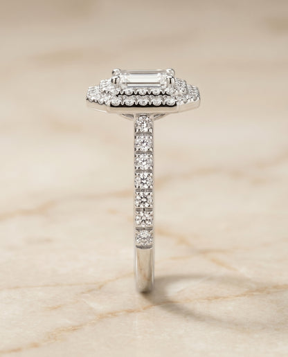 The Whitney Double Halo Emerald Cut Engagement Ring Setting in Platinum