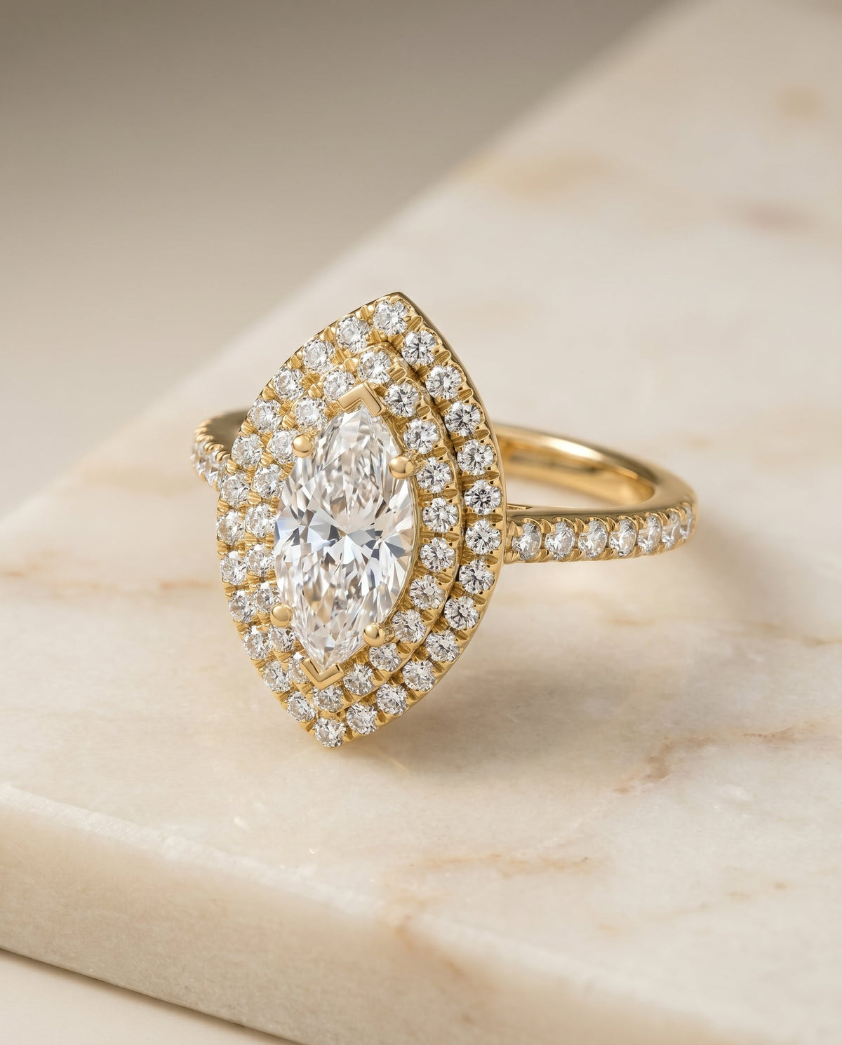 Whitney Select Double Halo Marquise Lab Diamond Engagement Ring in 18K Yellow Gold, shown on hand, angled | RockHer