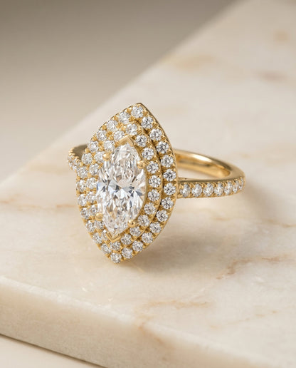 Whitney Select Double Halo Marquise Lab Diamond Engagement Ring in 18K Yellow Gold, shown on hand, angled | RockHer