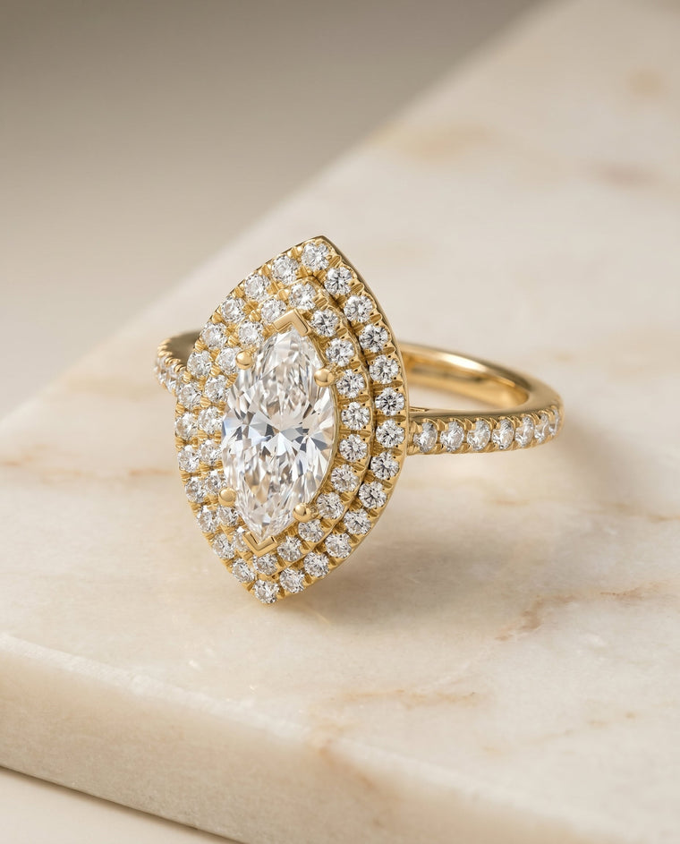 The Whitney Select Double Halo Marquise Lab Diamond Engagement Ring in 18K Yellow Gold