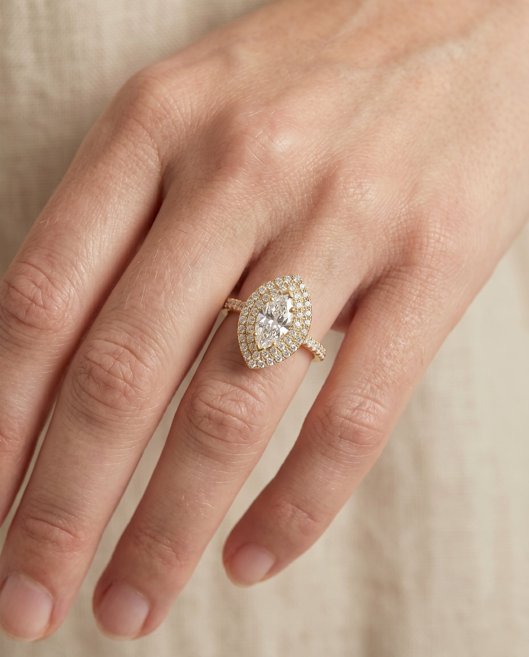 The Whitney engagement ring setting in 18K Yellow Gold, double halo design | RockHer
