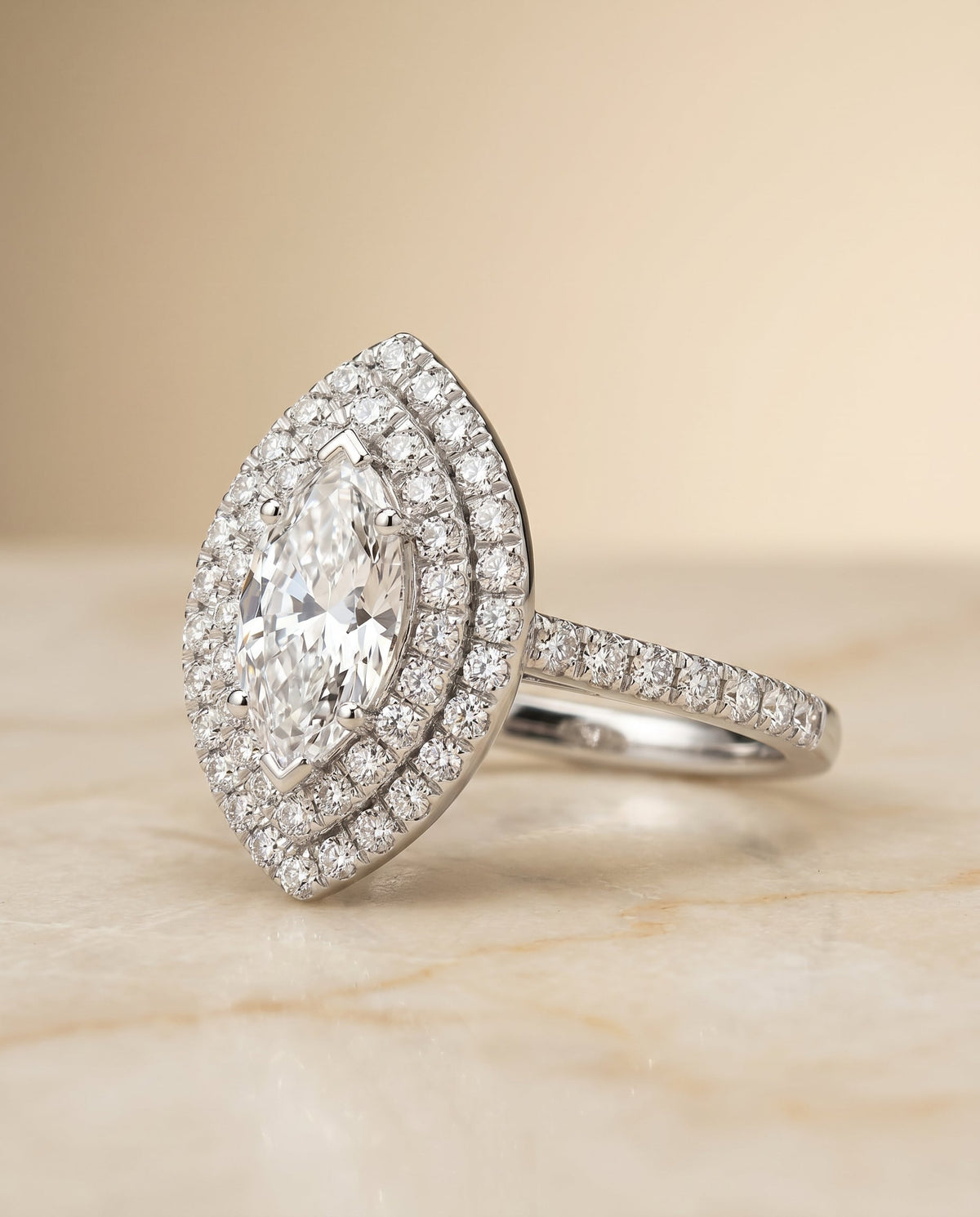 Whitney Select Double Halo Marquise Lab Diamond Engagement Ring in Platinum, shown on hand, angled | RockHer