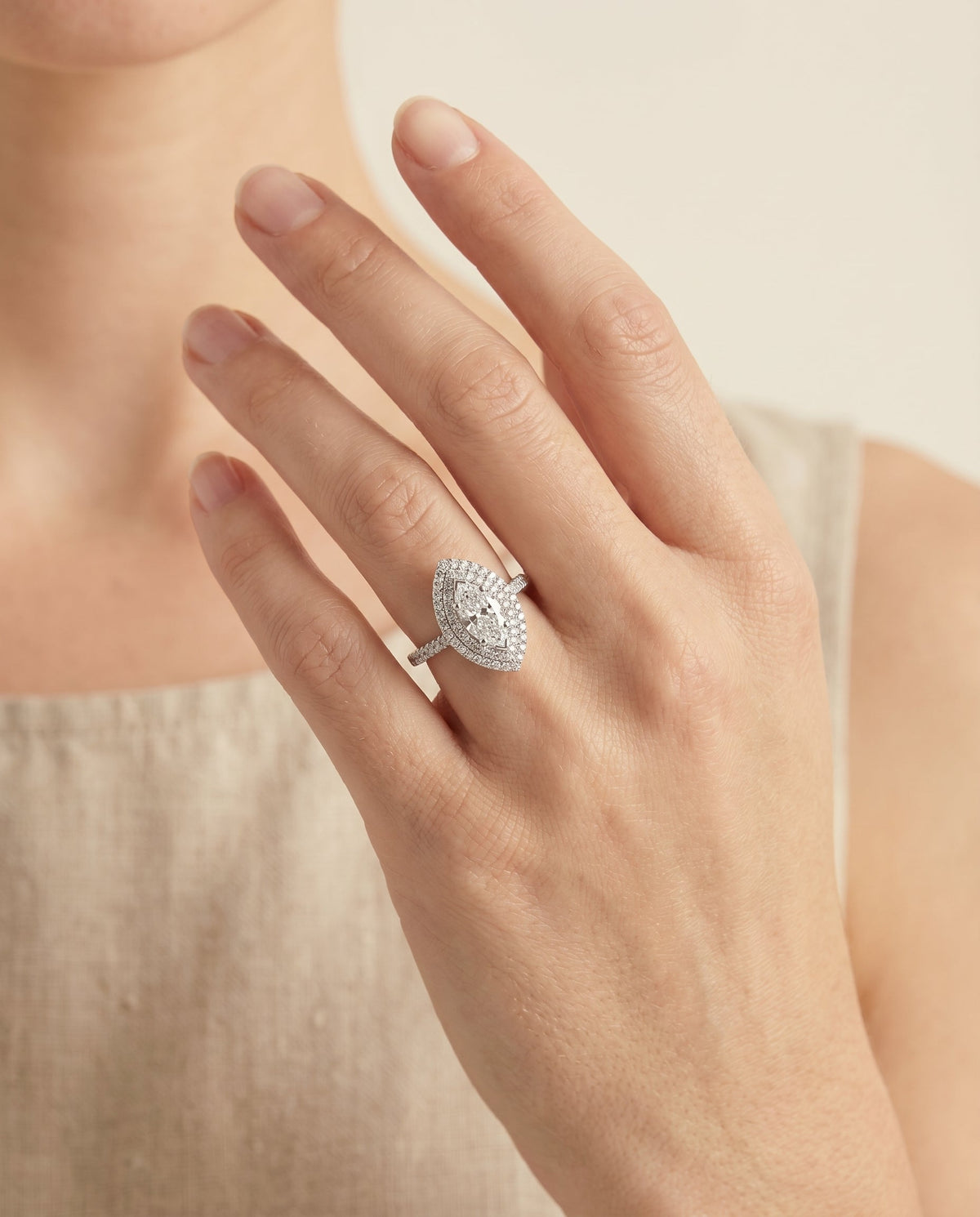 Whitney Select Double Halo Marquise Lab Diamond Engagement Ring in 18K White Gold, shown on hand | RockHer
