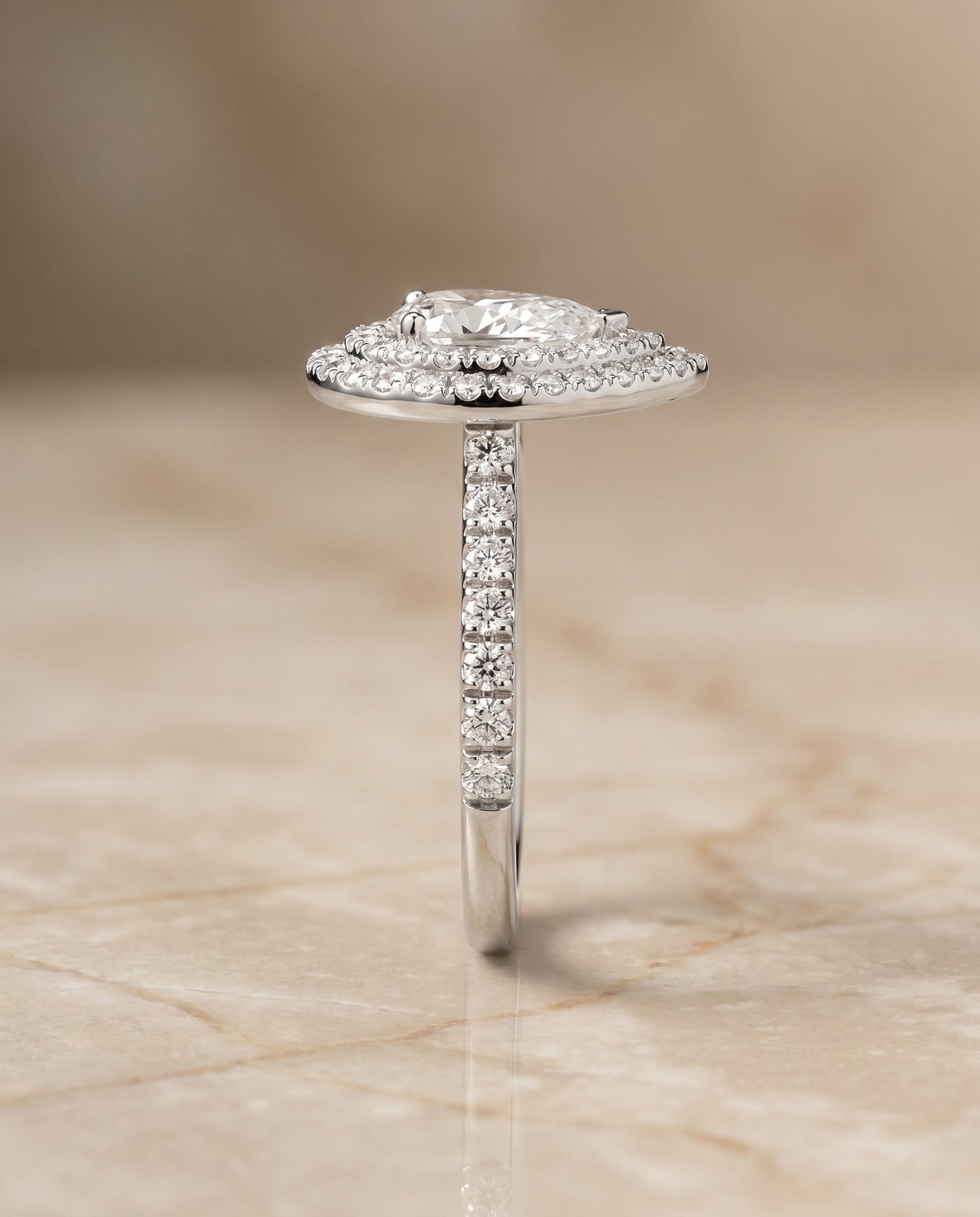 Whitney Select Double Halo Pear Lab Diamond Engagement Ring in 18K White Gold, side view | RockHer