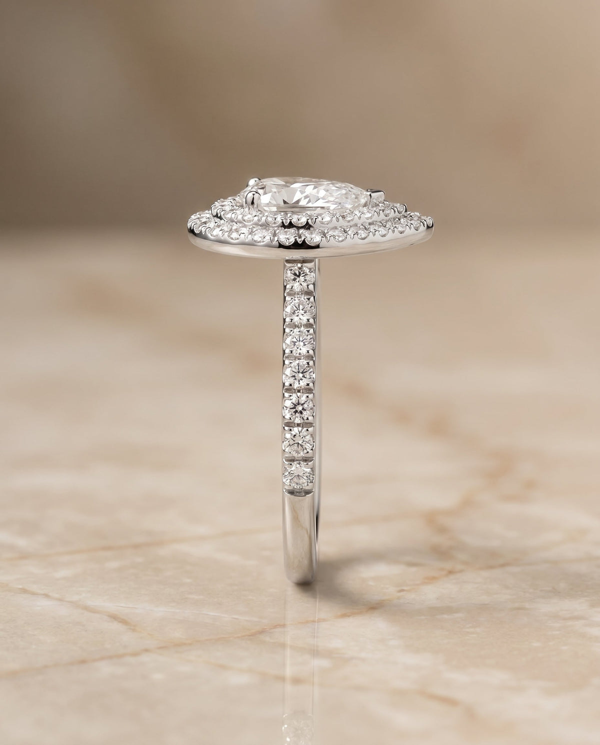 Whitney Select Double Halo Pear Lab Diamond Engagement Ring in 18K White Gold, side view | RockHer
