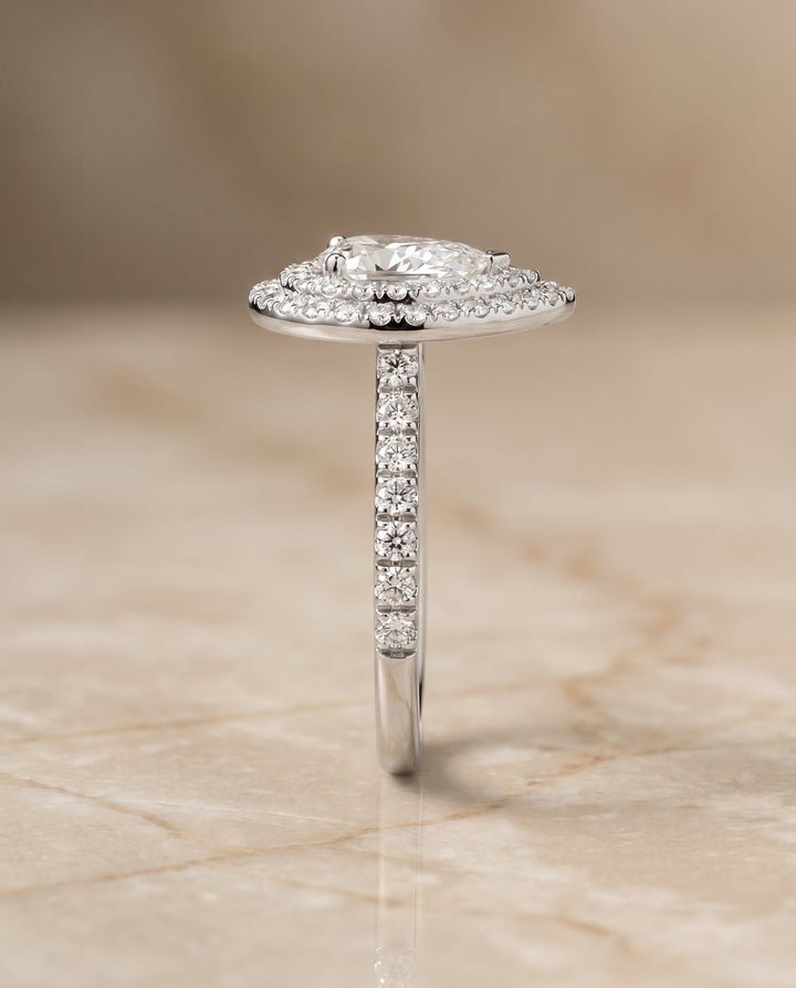 Whitney Select Double Halo Pear Lab Diamond Engagement Ring in Platinum, side view | RockHer