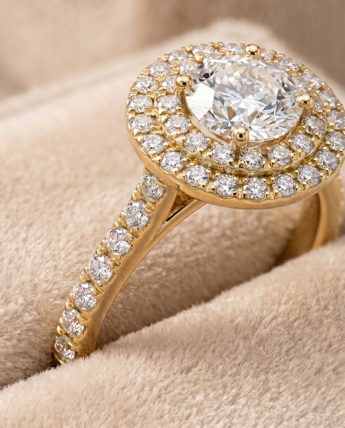 Whitney Select Double Halo Round Lab Diamond Engagement Ring in 18K Yellow Gold, detail view | RockHer