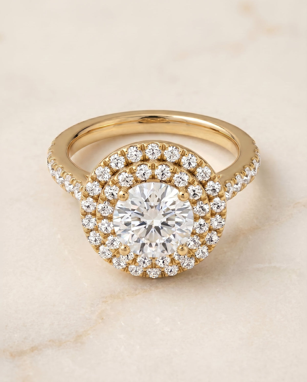Whitney Select Double Halo Round Lab Diamond Engagement Ring in 18K Yellow Gold, shown on hand, angled | RockHer