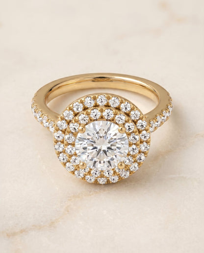 Whitney Select Double Halo Round Lab Diamond Engagement Ring in 18K Yellow Gold, shown on hand, angled | RockHer