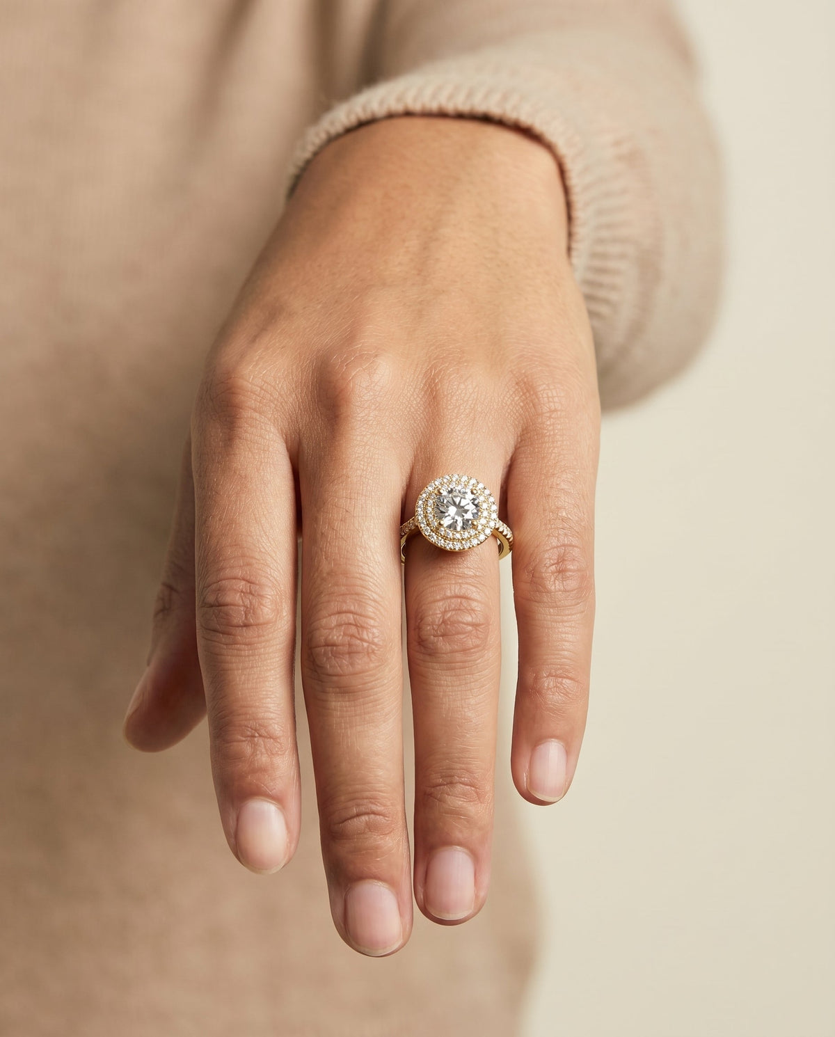 Whitney Select Double Halo Round Lab Diamond Engagement Ring in 18K Yellow Gold, shown on hand | RockHer