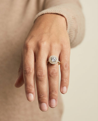 Whitney Select Double Halo Round Lab Diamond Engagement Ring in 18K Yellow Gold, shown on hand | RockHer