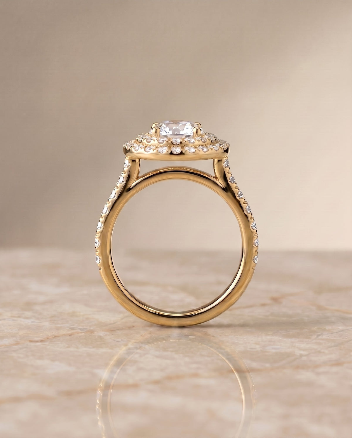 Whitney Select Double Halo Round Lab Diamond Engagement Ring in 18K Yellow Gold, side view | RockHer