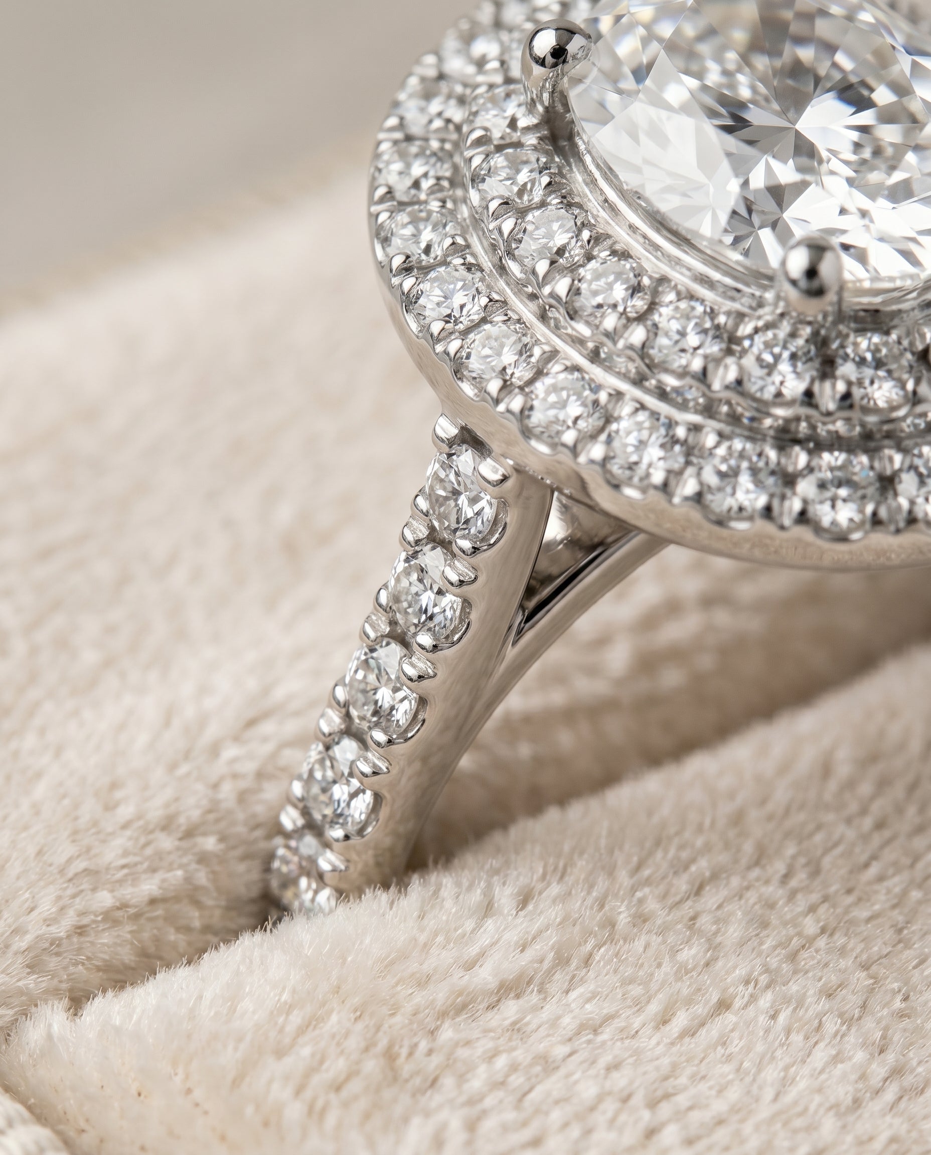 Whitney Select Double Halo Oval Lab Diamond Engagement Ring in 18K White Gold, detail view | RockHer
