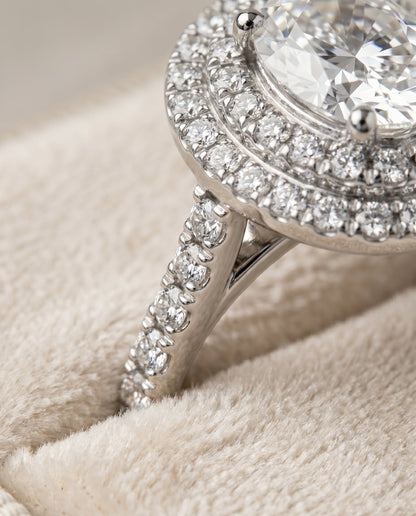 Whitney Select Double Halo Oval Lab Diamond Engagement Ring in Platinum, detail view | RockHer