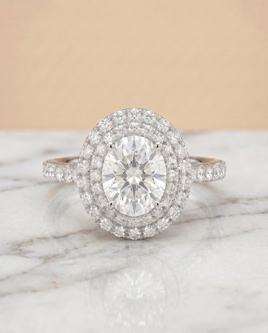 The Whitney Pavé Halo Engagement Ring Setting for Oval Diamonds in Platinum