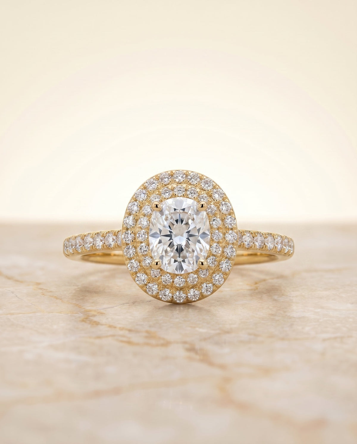 Whitney Select Double Halo Oval Lab Diamond Engagement Ring in 18K Yellow Gold, side view | RockHer