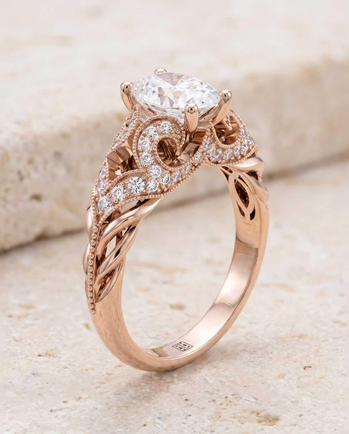 The Wren Vintage Beaded Solitaire Oval Engagement Ring Setting in 14K Rose Gold
