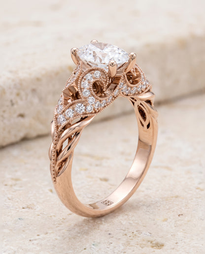 The Wren Vintage Beaded Solitaire Oval Engagement Ring Setting in 14K Rose Gold