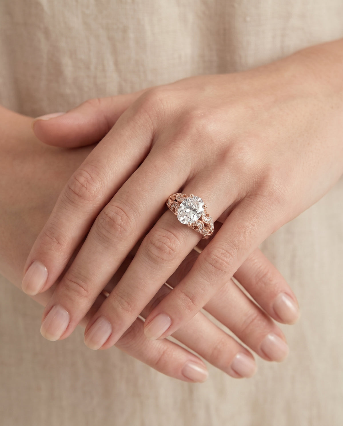 The Wren Vintage Beaded Solitaire Oval Engagement Ring Setting in 14K Rose Gold