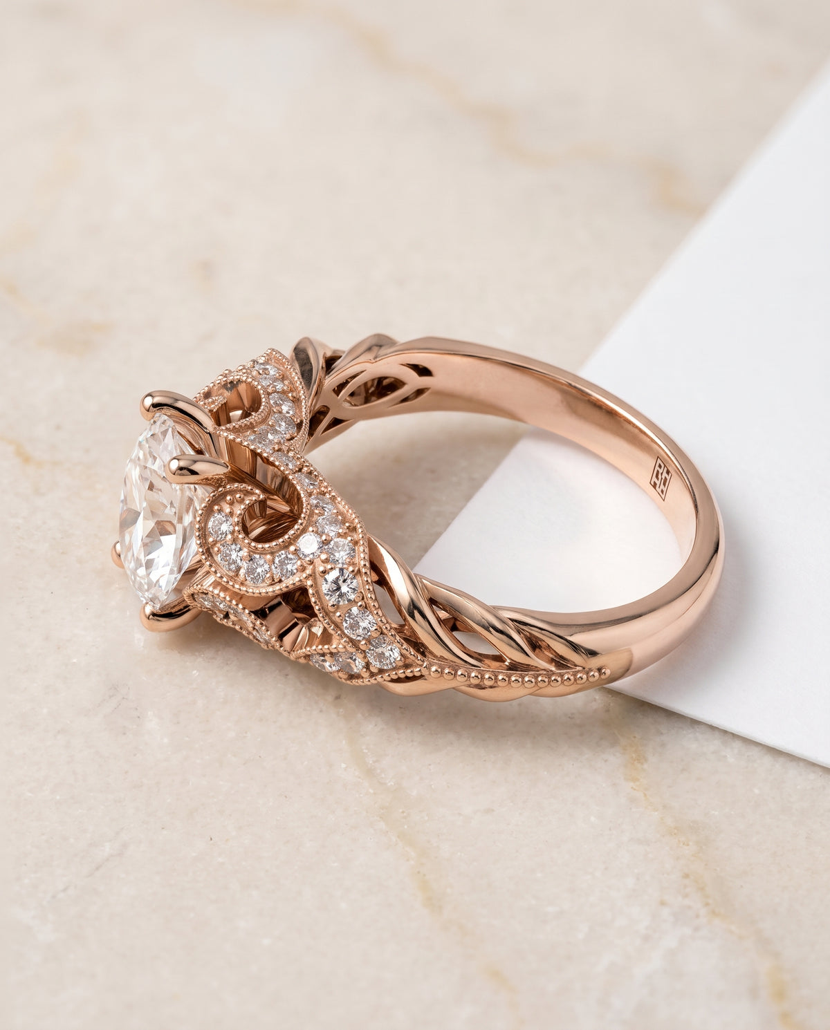 The Wren Vintage Beaded Solitaire Oval Engagement Ring Setting in 14K Rose Gold