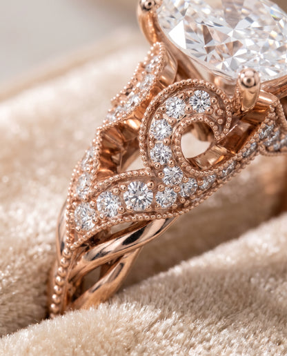 The Wren Vintage Beaded Solitaire Oval Engagement Ring Setting in 14K Rose Gold