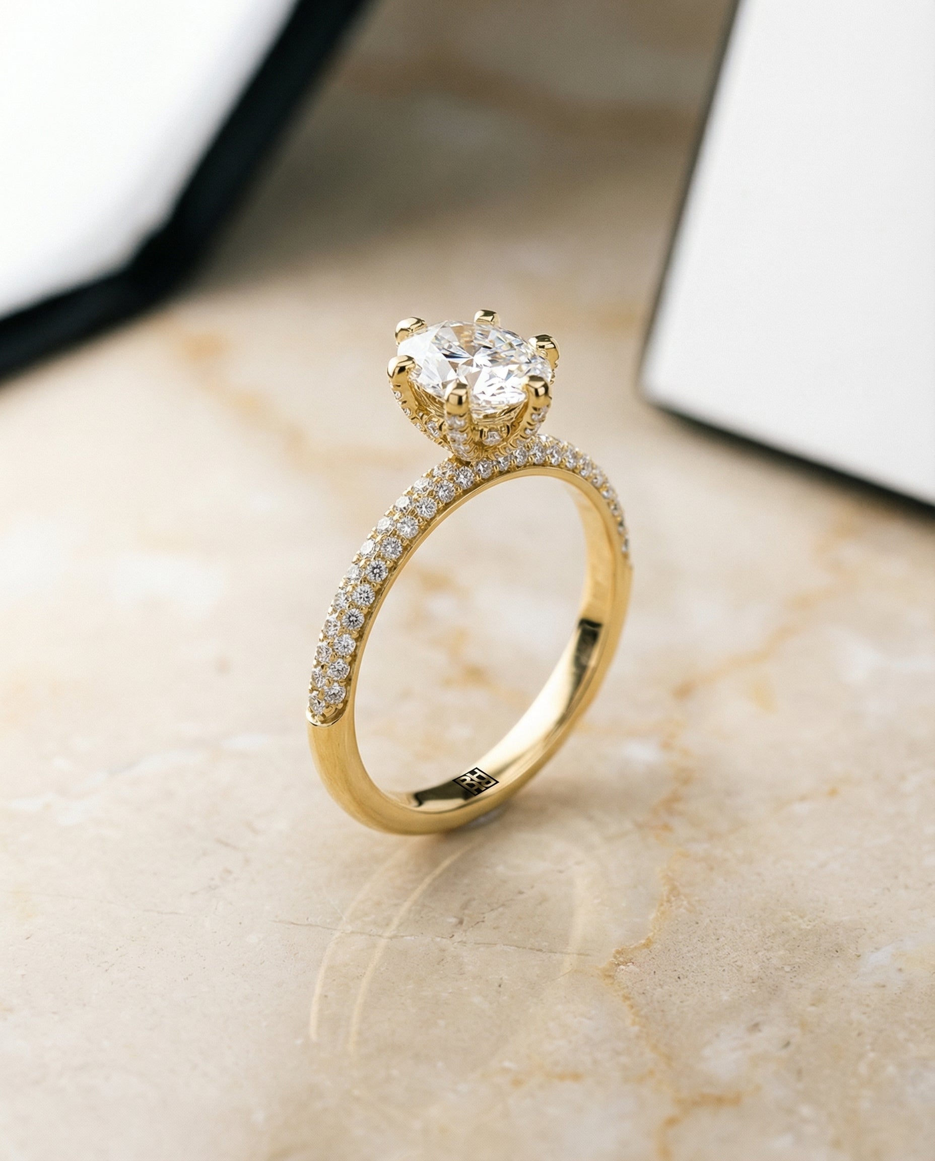 The Daisy three row french pavé engagement ring setting, shown in 18K Yellow Gold | RockHer